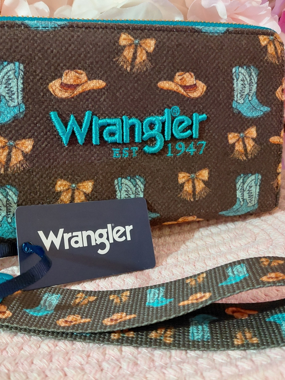 Wrangler Brown Wristlet with Teal & Tan Western Motif